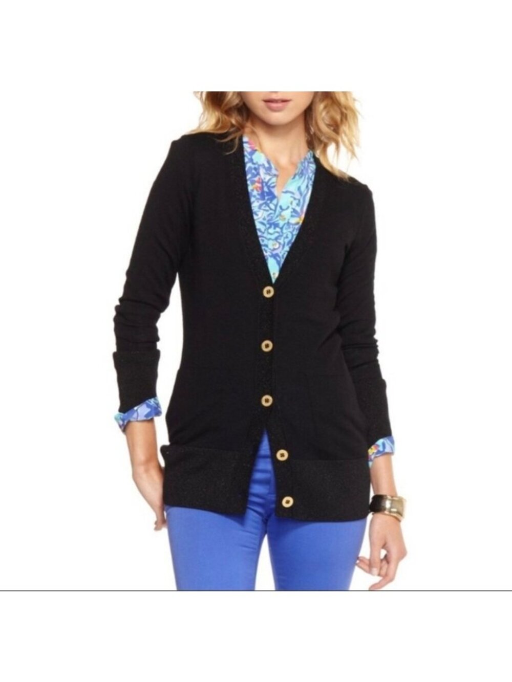 Lilly Pulitzer Metallic Black Heidi Long Wool Blend Cardigan Sweater Small
